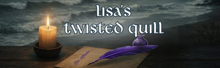 beach scene, amethyst quill & ink bottle, parchment, and Lisa Alfano Twisted Quill Blog