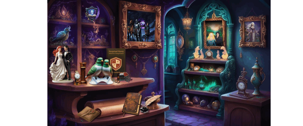 Zelinda's Tids & Bits Antiques and Curiosities Shop located in the fantasy kingdom of Iosia from Author Lisa Alfano's Thorne Chronicles Book series