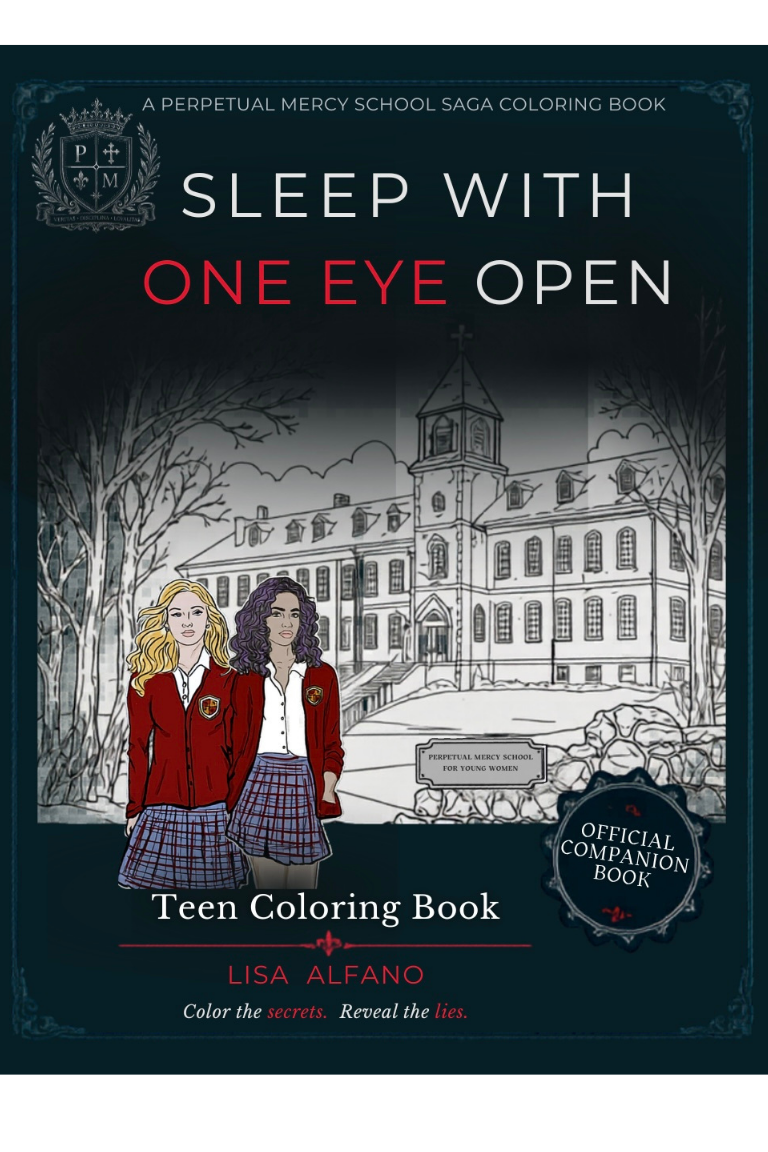 Coloring Book drawings of Ari Worthington and Jess Jessup in front of Perpetual Mercy elite all-girls boarding school from the high school thriller novel, Sleep With One Eye Open: Perpetual Mercy School Saga Book 1 by Lisa Alfano